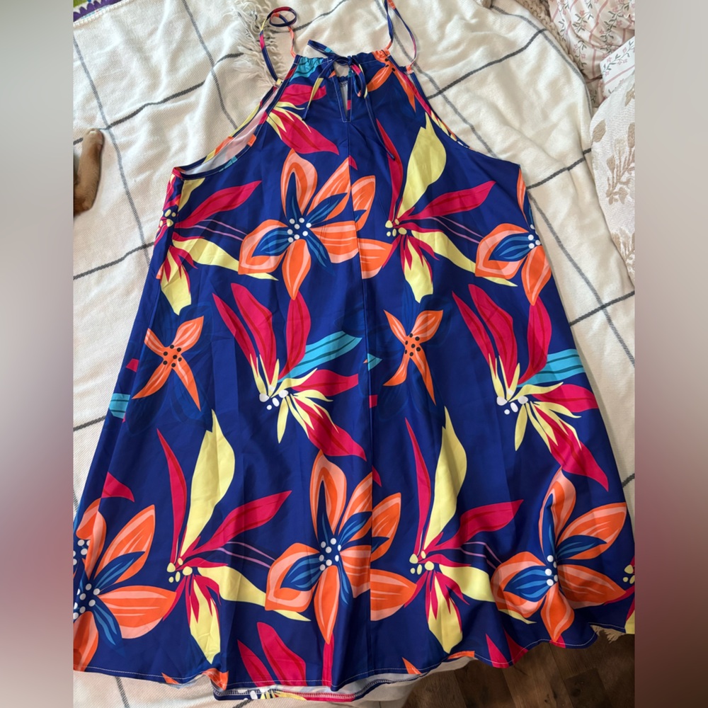 SHEIN Navy Halter Mini Dress with Orange, Pink & Yellow Floral Print - Picture 4 of 12